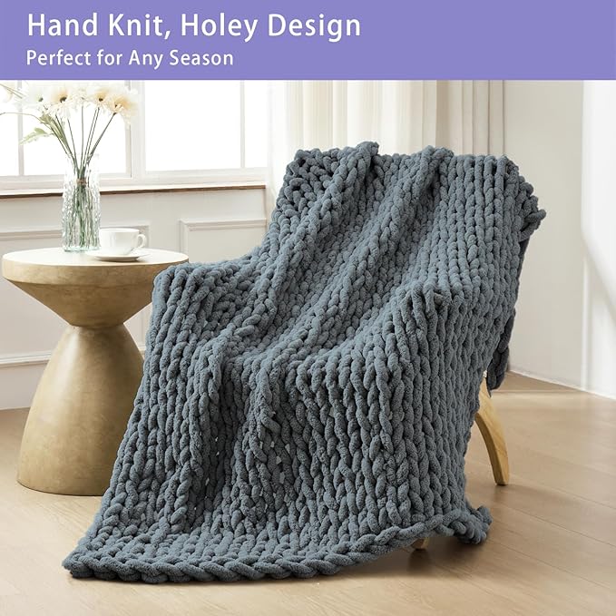 Bigacogo Chunky Knit Throw Blanket for Couch, 60x80 inches, 100% Hand Knitted with Thick Jumbo Chenille Yarn, Cozy Soft Large Rope Knot Cable Crochet Blankets for Sofa Bed Living Room, Iron Gray