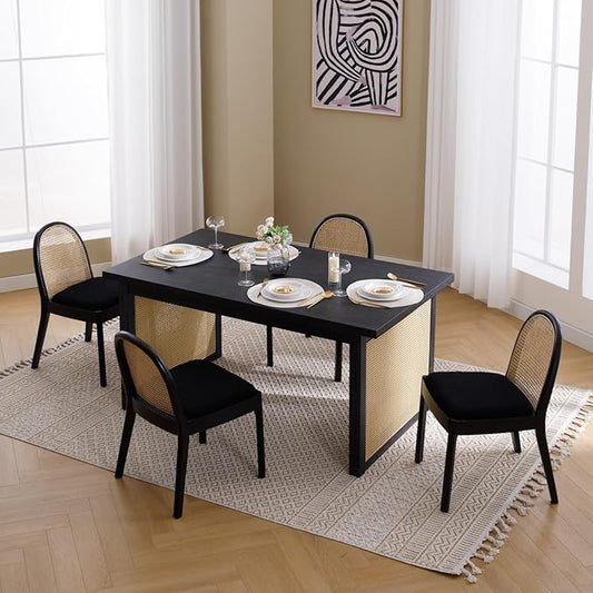Mid Century Dining Chairs Set of 4, Accent Rattan Sherpa Fabric Side Chairs Kitchen Chair with Solid Wooden Legs for Living Room Dining Room, Black
