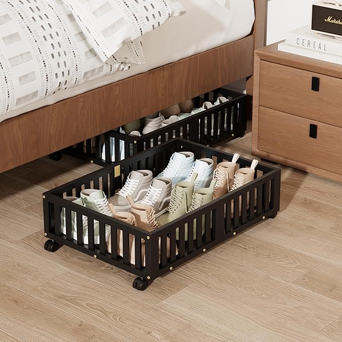 Bamboo Under Bed Storage with Wheels (2-Pack) – Rolling Underbed Shoe Organizer Box for Shoes, Blankets, Toys, Clothes Container Space-Saving Organizer Bins for Bedroom, Closet, Dorm, Nursery