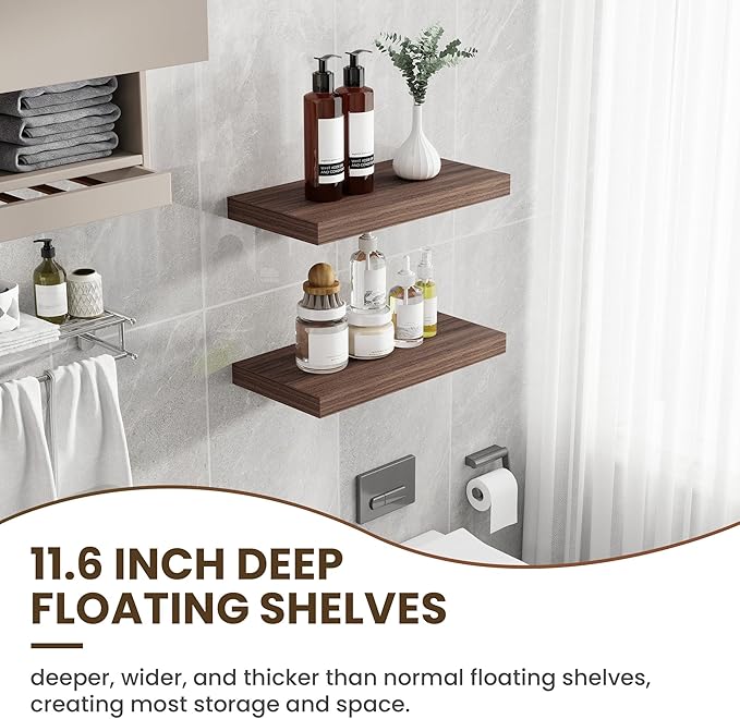 24 Inch Floating Shelves, 11.6 Inch Deep Floating Shelves for Wall, Floating Shelf with Invisible Brackets, Deep Shelves for Bathroom, Bedroom, Living Room, 2 Pack, Walnut