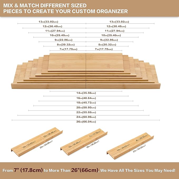 Bamboo Spice Rack Drawer Organizer - 8-Piece Set - 13" Wide Per Piece - Combine Into 26" Wide Rack