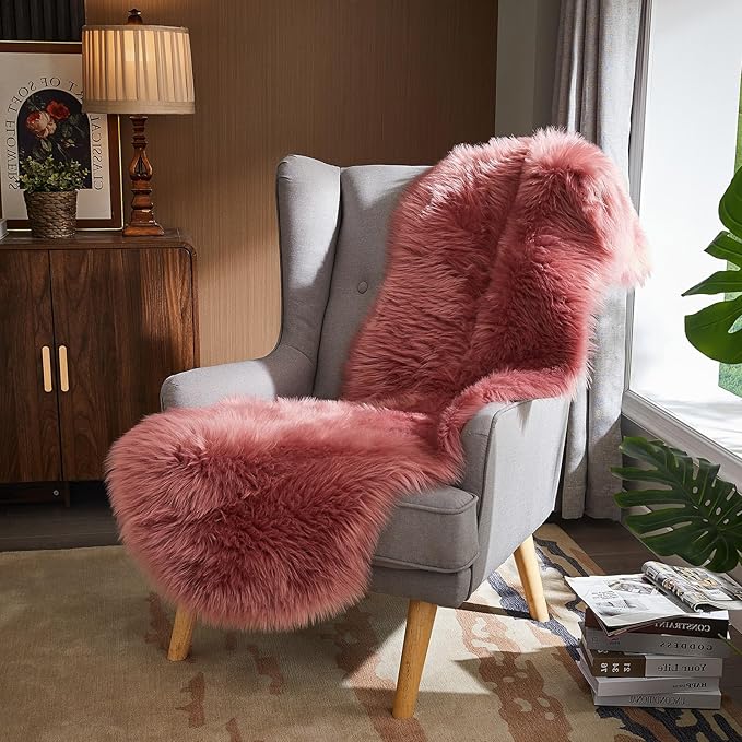 AMTOVO Faux Sheepskin Rug, Blush Pink Ultra Soft Fluffy Shag Area Rug, 2 x 6 ft Faux Fur Rug for Bedroom Sofa Throw Cushion Room Decor, Sheepskin