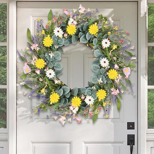 Artgar Spring Wreaths for Front Door, 24 Inch Daisy Wreath, Artificial Spring Summer Wreath with Eucalyptus Leaves Paper Flowers for Indoor Outdoor Home Door Window Wall Wedding Decor