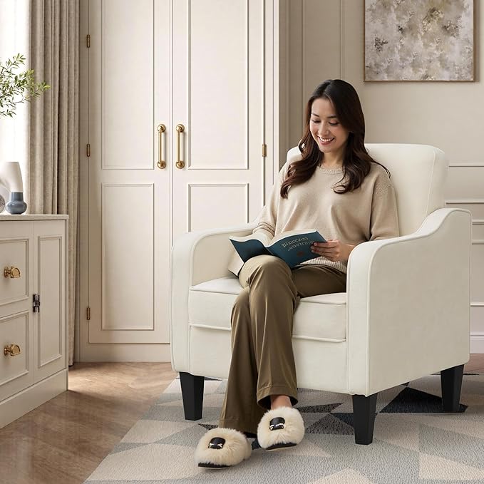 Accent Chair for Living Room, Mid Century Modern Reading Chair for Bedroom, Upholstered Armchair with Side Pockets, Comfy Single Sofa Side Chair for Office, Apartment, Small Room, Beige