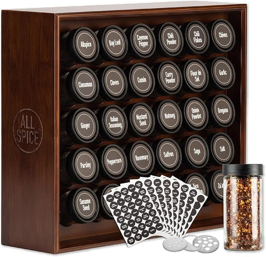 AllSpice Spice Rack Organizer, Wood, 525 Unique Labels, Countertop or Wall Mount, Includes 30 4oz Jars- Walnut Stain