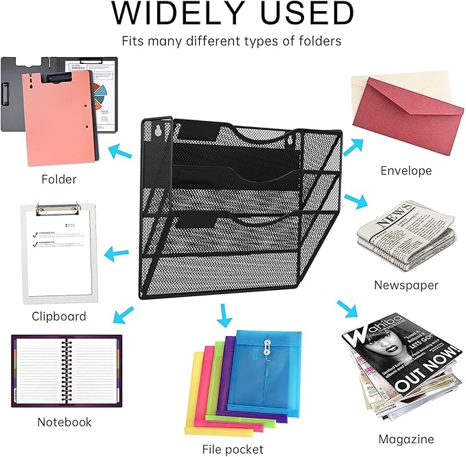 3-Tier Magnetic File Holder, No Drilling Installation File Cabinet Organizer, Black Magnetic File Organizer, Magazine Rack, Magnetic Paper Holder for Refrigerator, File Cabinets, Whiteboard