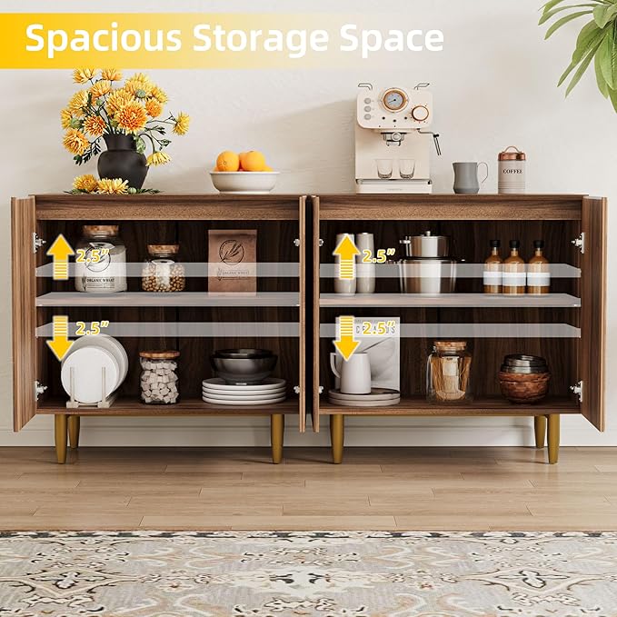 65 Inch Fluted TV Stand, Mid Century Modern Entertainment Center with Storage Cabinets & Adjustable Shelves, Media Console TV Credenza for Living Room, Dining Room, Hallway, Walnut