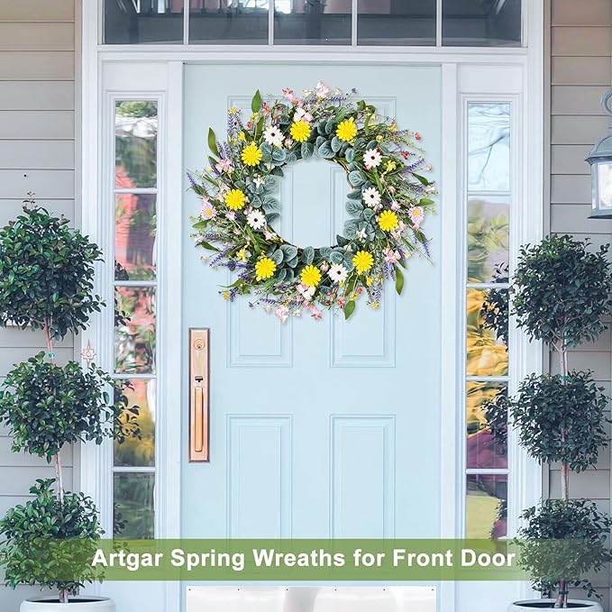 Artgar Spring Wreaths for Front Door, 24 Inch Daisy Wreath, Artificial Spring Summer Wreath with Eucalyptus Leaves Paper Flowers for Indoor Outdoor Home Door Window Wall Wedding Decor