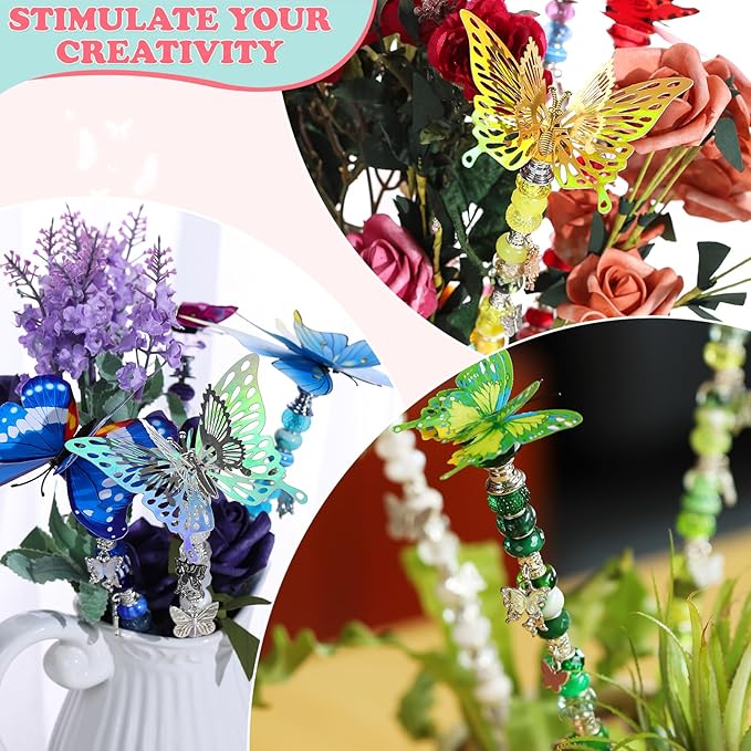 380pcs Beaded Garden Stake, DIY Butterfly Fairy Wand Garden Stake Kit with 10IN Threaded Rod Crystal Stopper Top Large Holes Beads Butterfly Decoration Pendants Outdoor Fairy Garden kit