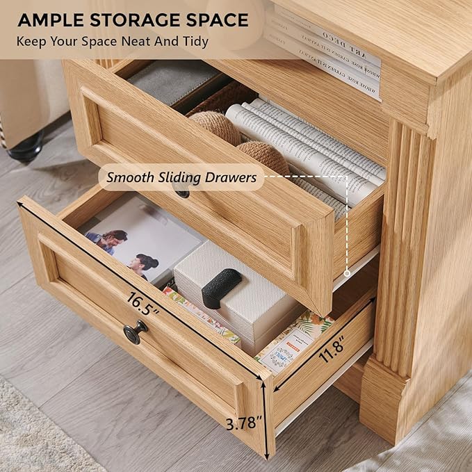 26" Tall Farmhouse Nightstand Set of 2, 2 Drawers End Table w/Charging Station, 23.6" Wide Large Side Tables w/Roman Column, Wood Rustic Sofa Tables w/Open Shelf, Bedside Table for Bedroom, Natrual