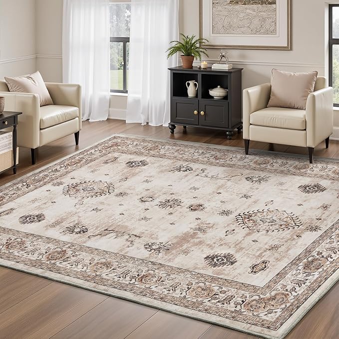 AMOAMI-Vintage Area Rug 4x6 Brown Rugs for Living Room-Soft Living Room Rug Non Slip Rugs for Bedroom Carpet Machine Washable Rug for Dining Room Bedside Office Room Decor