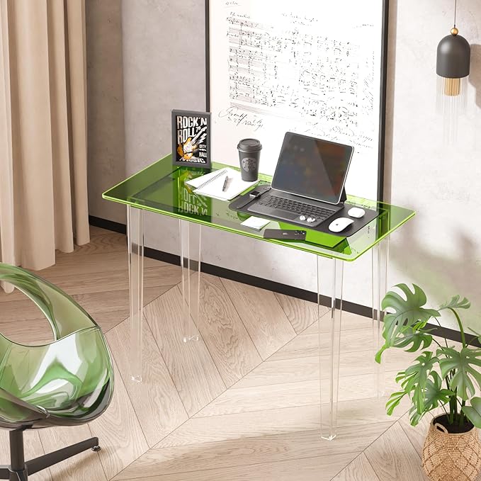 Acrylic Desk, Modern Study Table for HomeOffice-Extended Surface Multi-Purpose Console & EntrywayTable, Sturdy Lightweight Design (42.5-inch, Green)