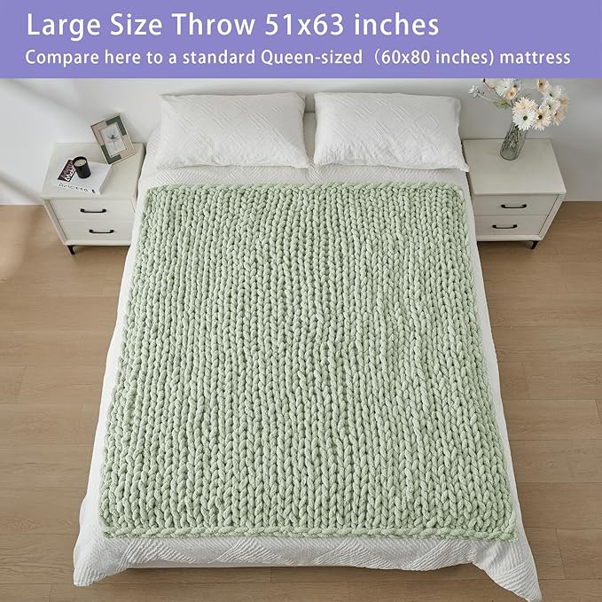 Bigacogo Chunky Knit Throw Blanket for Couch, 51x63 inches, 100% Hand Knitted with Thick Jumbo Chenille Yarn, Cozy Soft Large Rope Knot Cable Crochet Blankets for Sofa Bed Living Room, Sage Green