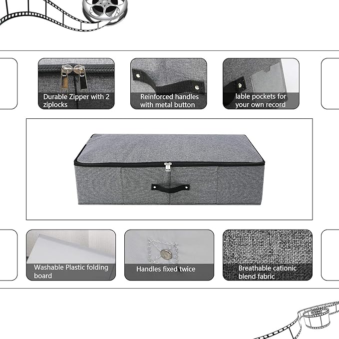 2PCS Foldable Under Bed Storage Box with Plastic Support Liner, Handles, Zipper lid, Blankets Clothes Comforters Storage Bin Organizer for Bedroom and Closet, 29×15×7inch, Black Grey