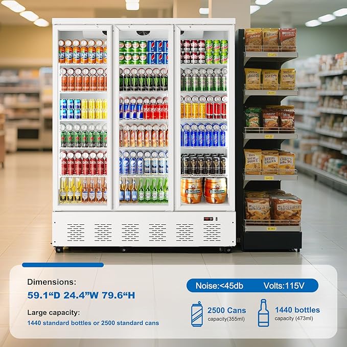 40.5 Cu.ft. Commercial Refrigerators 3 Glass Door Beverage Refrigerators Commercial Fridge Upright Cooler with Soft LED Light and 15 Adjustable Shelves for Restaurant Grocery Stores Home