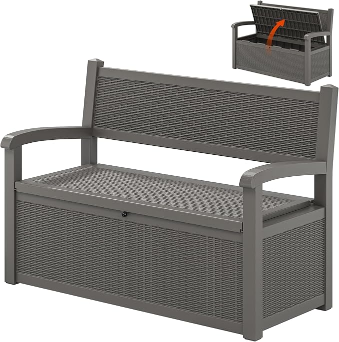 70 Gallon Outdoor Storage Bench Deck Box Lockable for Patio Furniture, Outdoor Porch Bench with Storage Waterproof for Cushions, Garden Tools and Pool Supplies, Grey