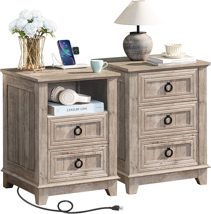 18" Farmhouse Night Stands Set of 2 with Charging Station, 2 & 3 Drawers End Table Dresser for Bedroom, Oak Wooden Nightstand, Bed Side Table with Open Shelf, Bedside Cabinet for Living Room