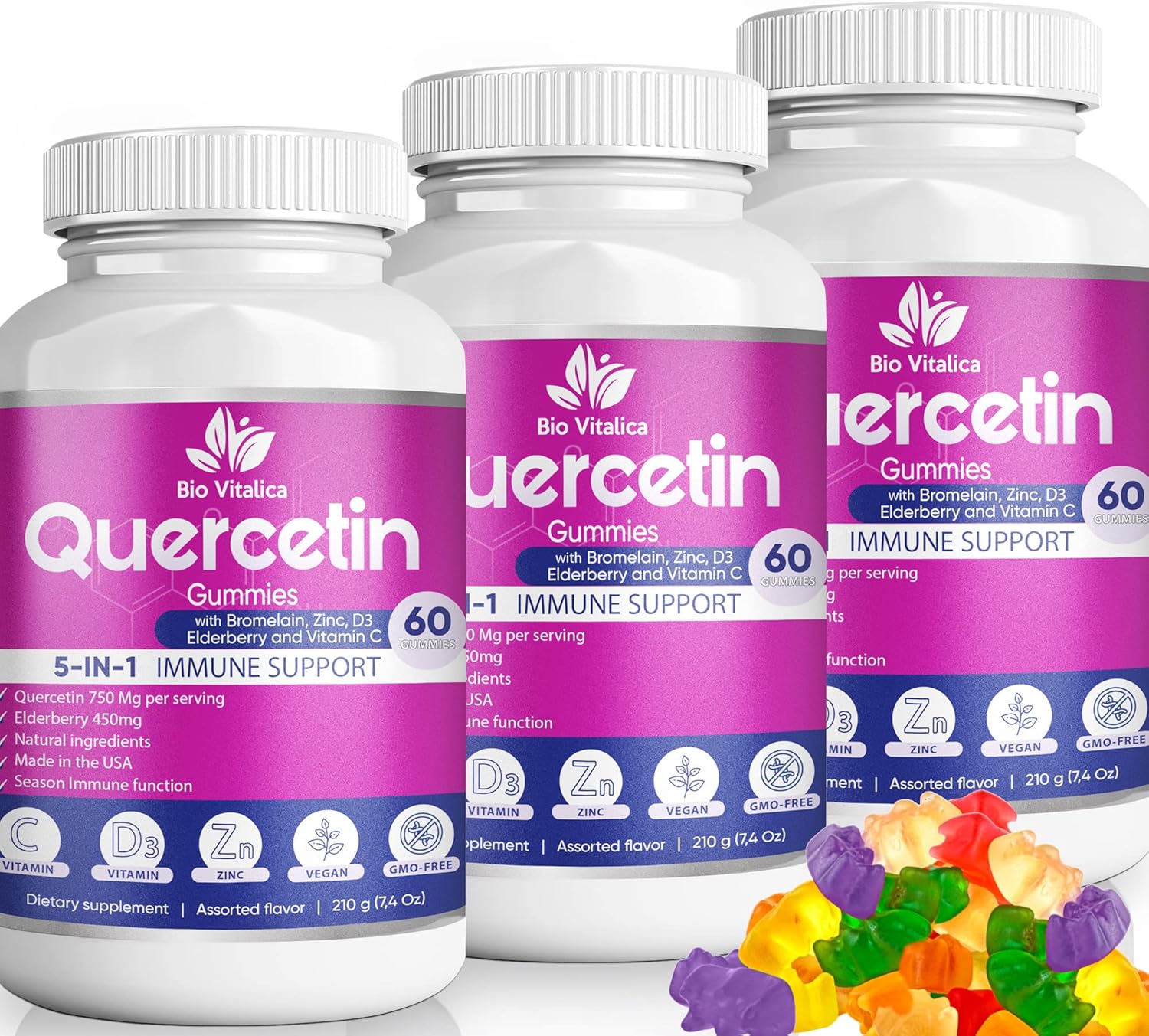 (3 Pack) Quercetin Gummies by BioVitalica - Quercetin with Bromelain Vitamin C and Zinc & Elderberry + Vitamin D3-5 in 1 Immune Support - Zinc Quercetin 750 mg for Kids and Adults