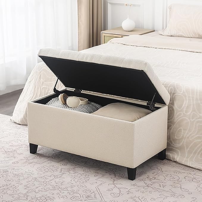 Asense Storage Ottoman Bench, Tufted Fabric Upholstered End of Bed Bench with Safety Hinge Wooden Legs, for Entryway Bedroom (Cotton and Linen Beige, 33.3")