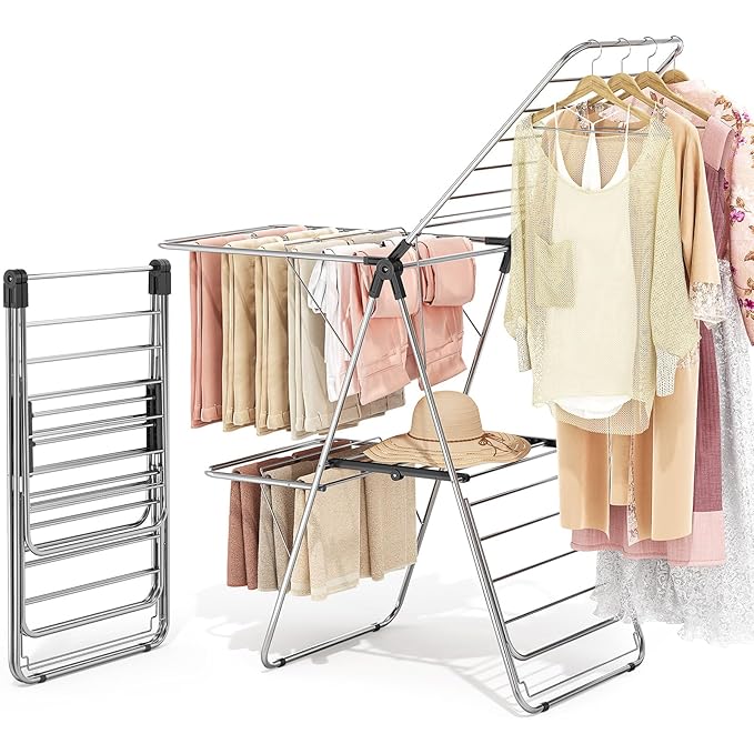 APEXCHASER Clothes Drying Rack with 4 Wings, Drying Rack Clothing with Height-Adjustable, Foldable Gullwings Laundry Drying Rack, Indoor Outdoor Use, No Assembly, Black