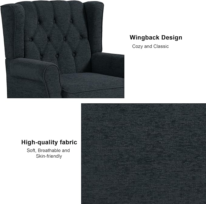 Accent Chair, Upholstered Armchair with Button Tufted High Back & Solid Wood Legs, Comfy Wingback Reading Single Sofa Chair for Small Spaces, Living Room, Bedroom (Blue, Set of 2)