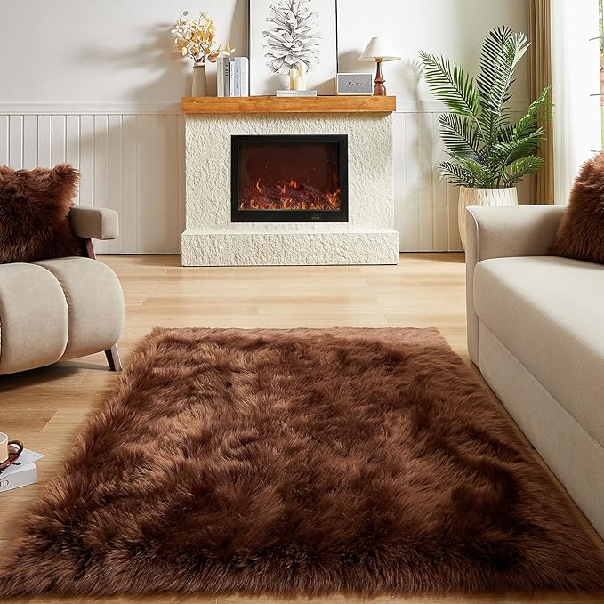 AMTOVO Faux Fur Sheepskin Rug for Living Room, 4 x 6 ft Coffee Fluffy Area Rug for Bedroom, Playroom, Luxury Room Decor, Rectangle