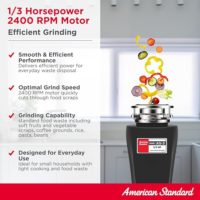 American Standard 10-US-AS-3 Garbage Disposal Anti-Jam Stainless Steel Food Waste Grinding System, Slim Line, 1/3 HP, Black