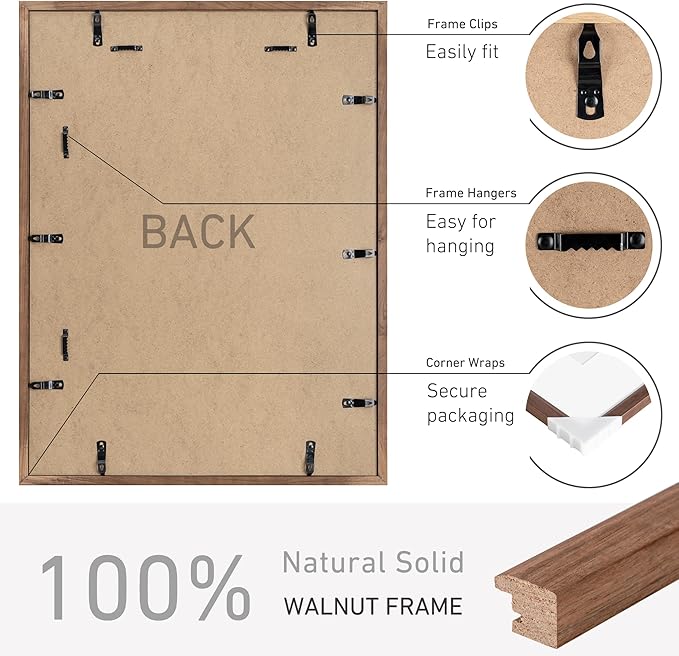 18x24 Poster Frame Set of 4 Natural Solid Walnut Photo Frames with 16x20 Removable Mat Wall Hanging Large Handcrafted Frame with HD Plexiglass Wall and Tabletop Display Large Picture Frame