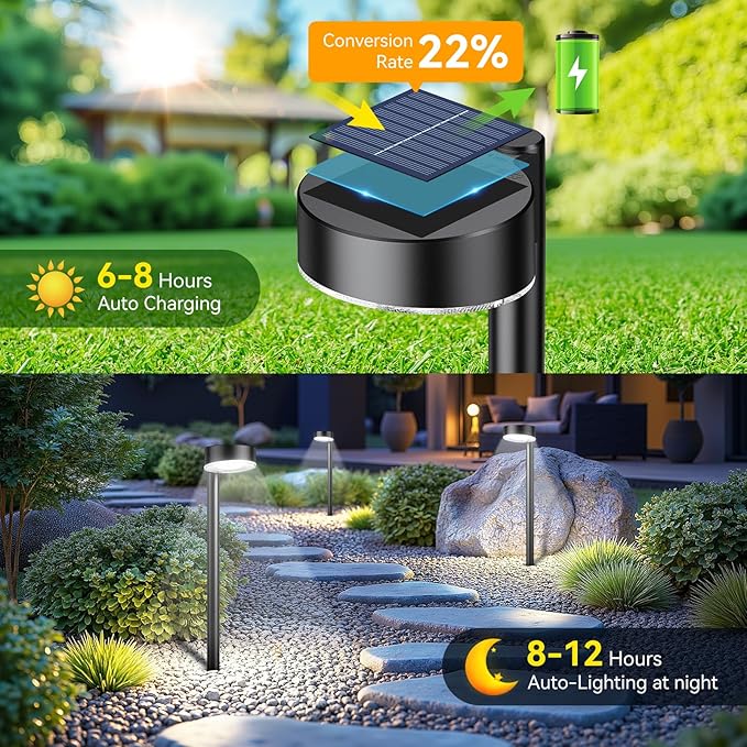 6 Pack Solar Pathway Lights Outdoor, 12 Brighter LED Solar Lights Outdoor Waterproof, Up to 12 Hrs Modern Path Light for Yard Garden Walkway Driveway Lawn, Cool White