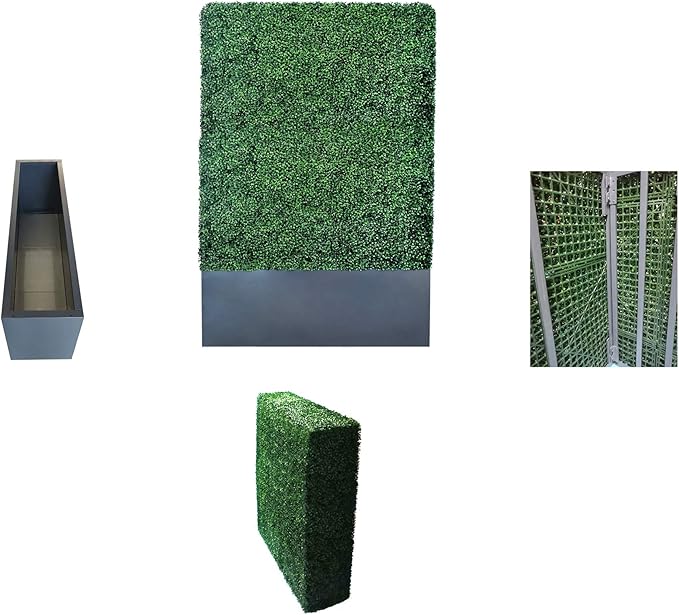AGPL Upgraded Artificial Boxwood Hedge Wall with Dark Gray Stainless Steel Planter (96" Height 48" Width 12" Deep) Outdoor and Indoor Backdrop Divider Privacy Screen and Decorative Wall