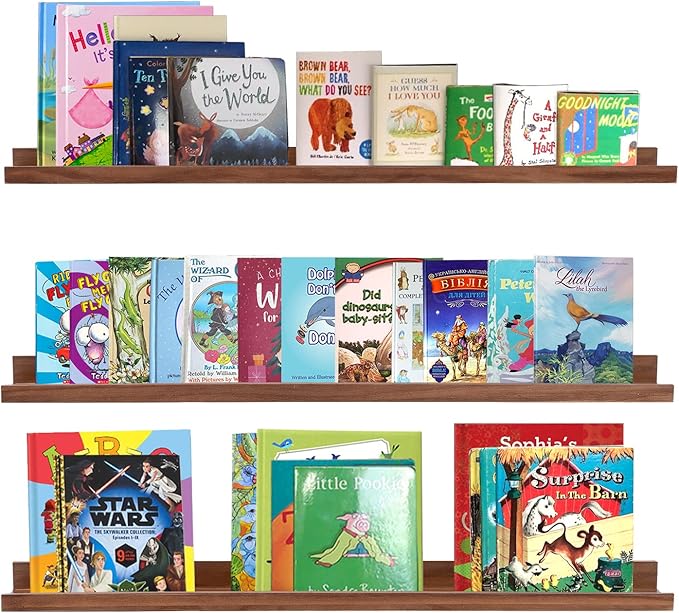 AZSKY 36 Inch Floating Book Shelves Rustic Wood Wall Picture Ledge Shelf for Storage Light Walnut Wall Mounted Picture Photo Display Shelf a Set of 3 Hanging Book Shelf