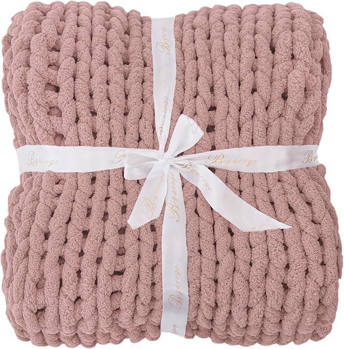 Bigacogo Chunky Knit Throw Blanket for Couch, 60x80 inches, 100% Hand Knitted with Thick Jumbo Chenille Yarn, Cozy Soft Large Rope Knot Cable Crochet Blankets for Sofa Bed Living Room, Dusty Pink