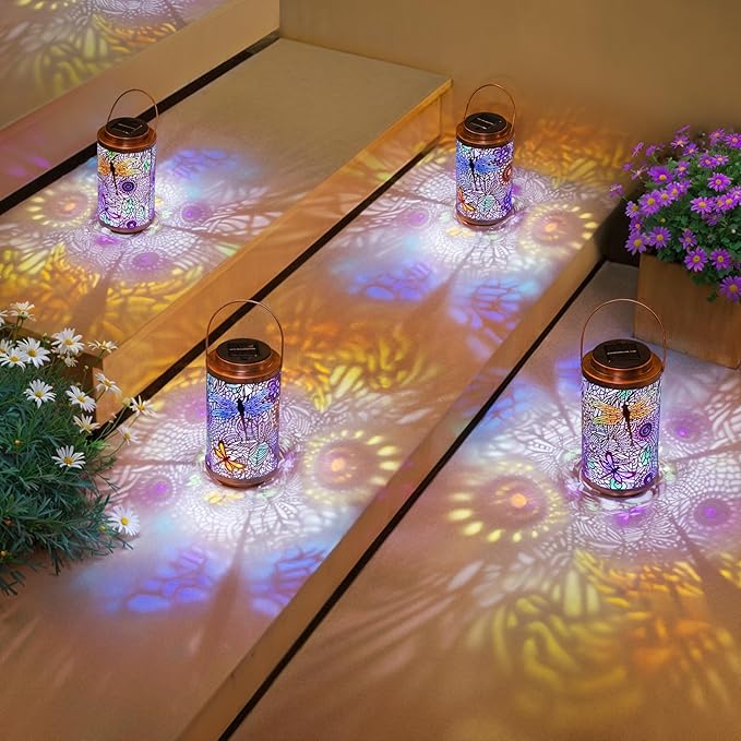 2Pack Solar Outdoor Lanterns Waterproof Multicolor Dragonfly Garden Gifts for Mom Women Backyard Lights Lanterns for Indoor,Outdoor, Porch, Outside,Mothers Day Gifts for Grandma Wife
