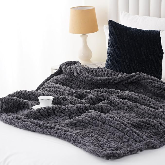 Battilo Chunky Knit Throw Blanket, Soft and Thick Chenille Throw Blanket, 50"x60" Handmade Cable Knit Crochet Blanket, Large Rope Knot Throw Blankets for Couch Sofa Bed Home Decor, Grey