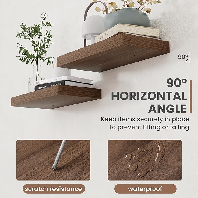 24 Inch Floating Shelves, 8 Inch Deep Floating Shelves for Wall, Hanging Shelf with Invisible Brackets, Deep Shelves for Bathroom, Bedroom, Living Room, Walnut, Set of 2