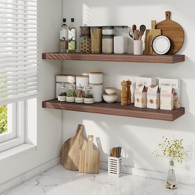 36 Inch Floating Shelves, 9.3 Inch Deep Rustic Wall Shelves - Extra Deeper Wall Mounted Storage Shelves for Bathroom, Kitchen, Living Room (Walnut, Set of 2)