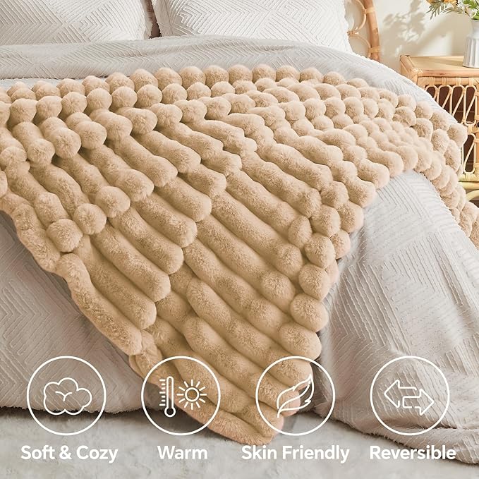 BEDELITE Faux Fur Throw Blanket for Couch, Soft and Cozy Luxurious 3D Striped Fluffy Blanket, 770GSM Thick Warm Plush Fuzzy Faux Rabbit Fur Blanket for Women Gift (Brown, 60"x 80")