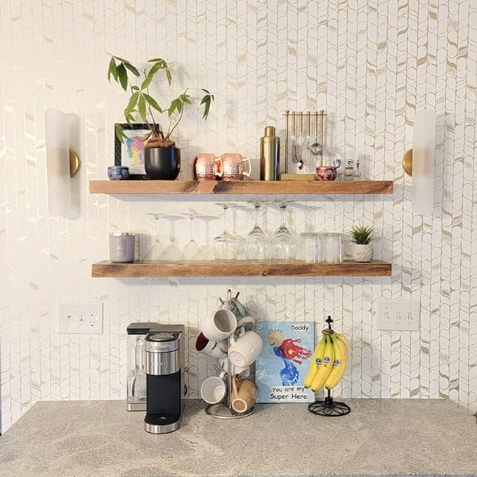 AUDRIELLE URBANDI, Rustic Floating Shelves, Set of 2, Hidden Bracket, Solid Wood, Heavy Duty, Wall Mounted Shelves, (Brown, 24Wx6D)