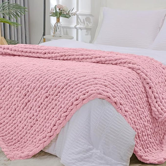 Bigacogo Chunky Knit Throw Blanket for Couch, 40x80 inches, 100% Hand Knitted with Thick Jumbo Chenille Yarn, Cozy Soft Large Rope Knot Cable Crochet Blankets for Sofa Bed Living Room, Blush Pink