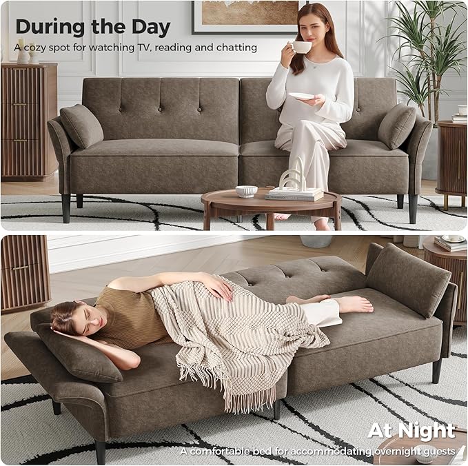 89” Futon Sofa Bed, Comfy Futon Couch Bed with 2 Square Pillows, Convertible Sleeper Sofa with Adjustable Backrest& Armrests, Modern Loveseat Sleeper for Living Room, Bedroom, Light Brown