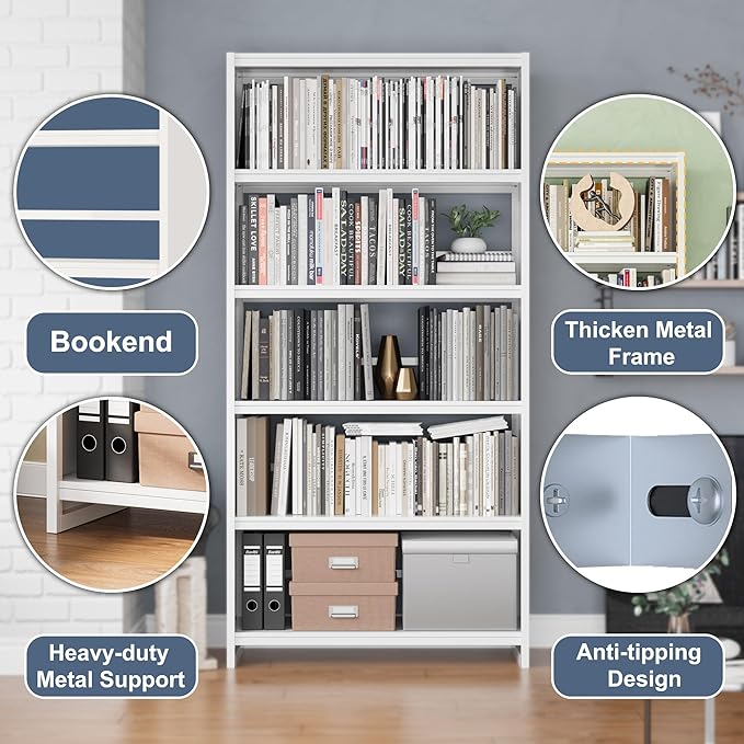 69" Tall Bookcase, 5-Tier Wide Bookshelf, Library Book Case with Display Shelf, Lightweight Metal Bookshelves, Industrial Book Shelf for Home, Office, Library, and School (White)