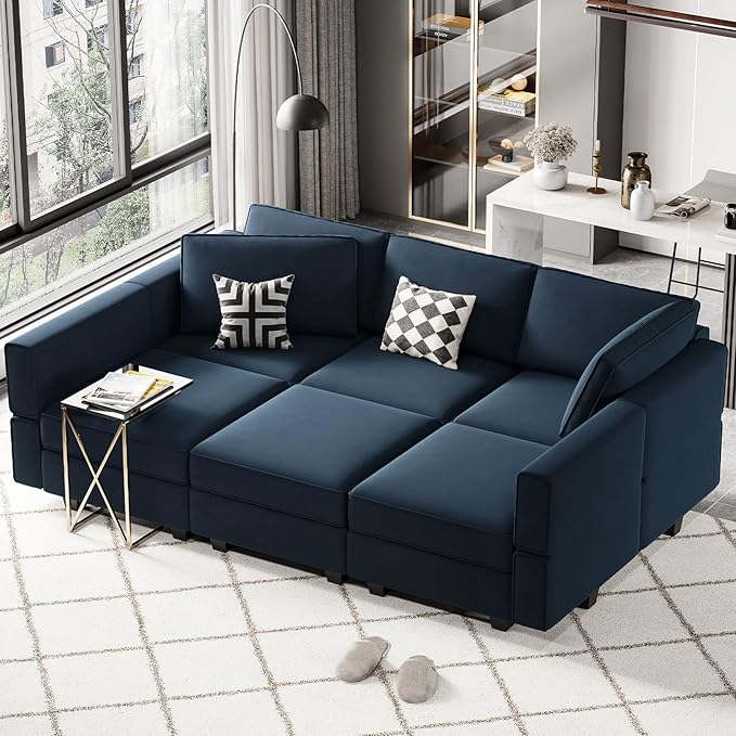 Belffin Modular Velvet Sectional Sofa with Chaise Lounge Sectional Sleeper Sofa with Storage Chaise Bed Couch for Living Room Blue