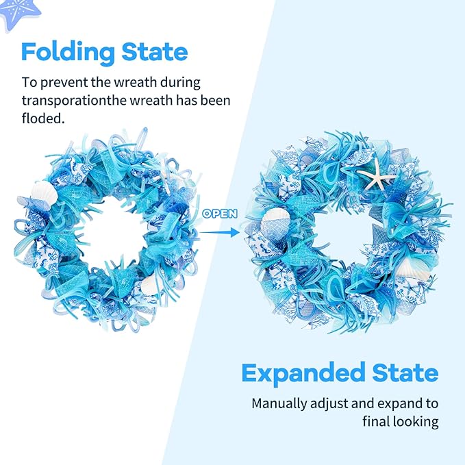 24 Inch Coastal Seashell Large Wreath with Natural Starfish & Scallops Shell, Blue Beach Style Front Door Wreath with for Spring Summer, Farmhouse Rustic Indoor Outdoor Home Wall Wedding Decor