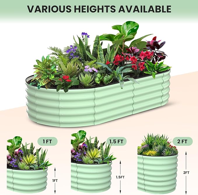 2 Pcs 6x3x1.5ft Oval Raised Garden Bed, Galvanized Raised Beds,Open-Ended Base Metal Raised Planter Beds,Garden Bed Outdoor,Planter Raised Boxes for Vegetables, Flowers,Tool-Free Asse,Green