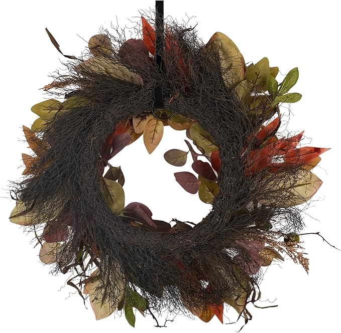24" Fall Wreath for Front Door Handmade with Artificial Autumn Leaves, Natural Pinecones, Faux Berries and Wheat, Autumn Harvest Wreath Decoration for Home Farmhouse Door Wall Window Porch