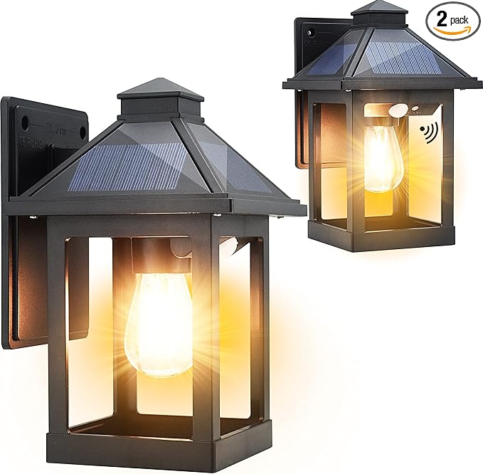 2 Pack Solar Wall Lanterns Outdoor with 3 Modes, Dusk to Dawn Motion Sensor LED Sconce Lights IP65 Waterproof, Exterior Front Porch Security Lamps Wall Mount Patio Fence Garage Decorative