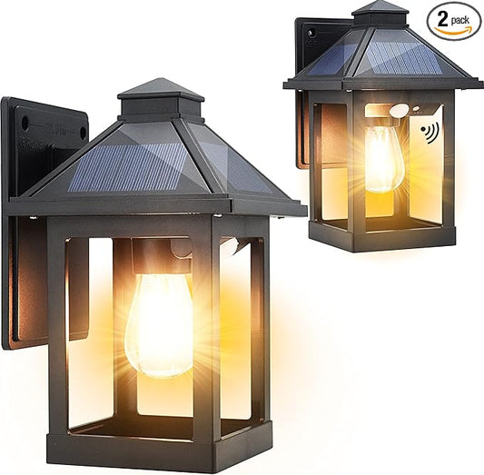 2 Pack Solar Wall Lanterns Outdoor with 3 Modes, Dusk to Dawn Motion Sensor LED Sconce Lights IP65 Waterproof, Exterior Front Porch Security Lamps Wall Mount Patio Fence Garage Decorative