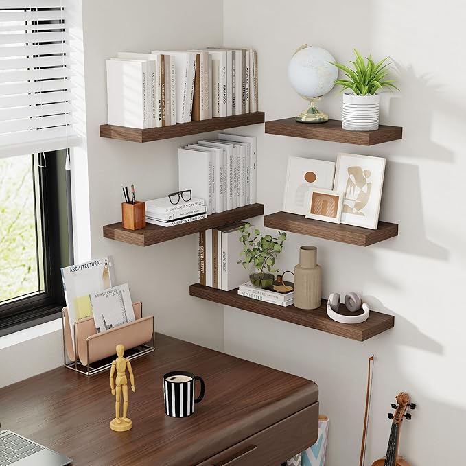 40 Inch Floating Shelves, 8 Inch Deep Floating Shelves for Wall, Hanging Shelf with Invisible Brackets, Deep Shelves for Bathroom, Bedroom, Living Room, Walnut, Set of 2