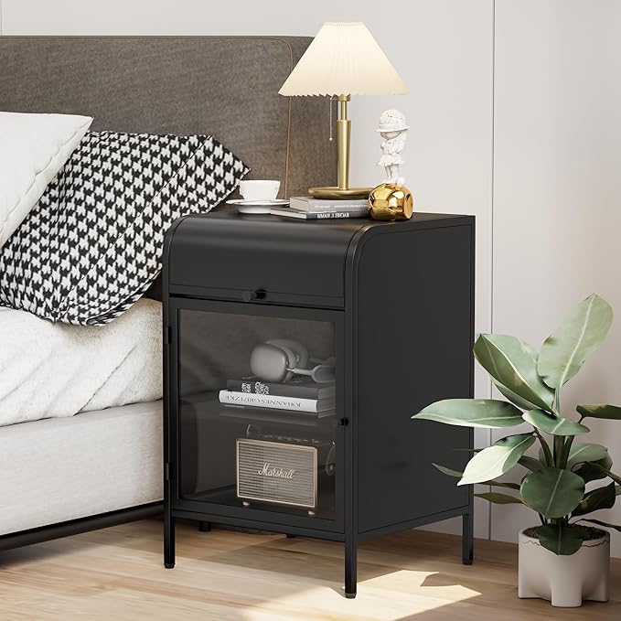 Modern Metal Side Tables, End Tables with Glass Door, 2-Tier Nightstands with Storage Shelves, Accent Table, Slim Sofa Table for Living Room, Bedroom (1, Black)