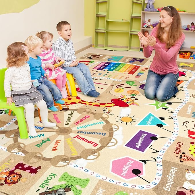 7x10 Playroom Rugs for Kids Washable, Educational and Fun Playmat with ABC Alphabet Animals Shapes Colors, Non-Slip Play Mat Learning Rug for Baby Toddler Children Game Activity，Beige, Pink
